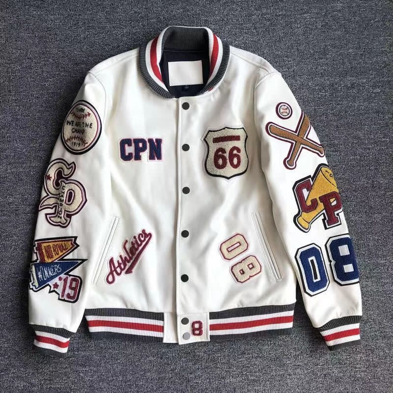Polyester Baseball Leather Jacket For Men And Women Autumn And Winter Leather Coat With Multi-Label Embroidery