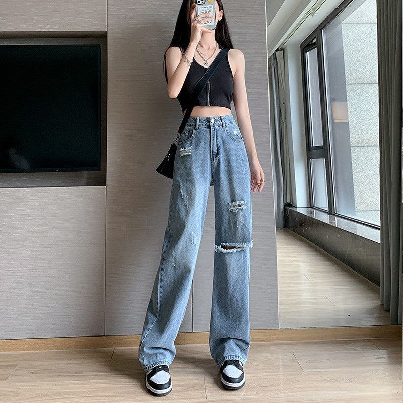 Slim-fit Ripped Jeans Women's High Waist Loose Summer Vintage Old-fashioned Small Dipped Wide Leg Dumped Trousers