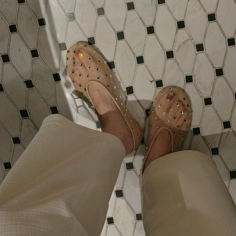 Fairy Style Mesh Rhinestone Shallow Mouth Flats Shoes 2025 Summer New Niche High-End Mary Jane Women's Shoes
