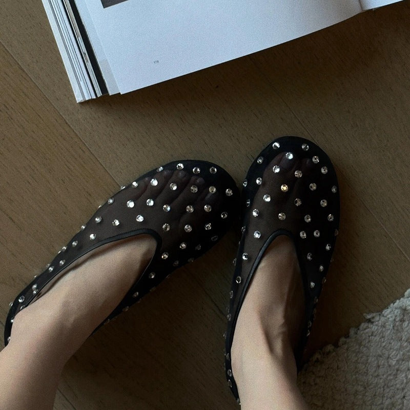 Fairy Style Mesh Rhinestone Shallow Mouth Flats Shoes 2025 Summer New Niche High-End Mary Jane Women's Shoes