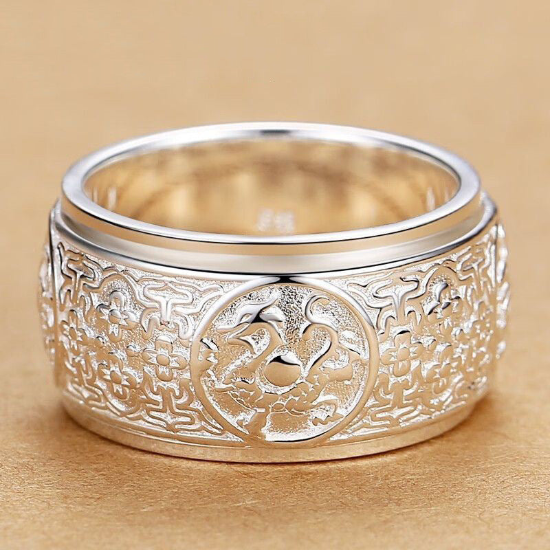 Sterling Silver 999 Pure Silver Men's Ring Domineering Personality Four Gods Beast Bully Rotatable Width Plus Size Trendy Single Food