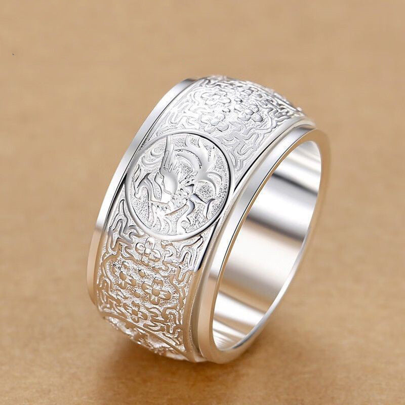 Sterling Silver 999 Pure Silver Men's Ring Domineering Personality Four Gods Beast Bully Rotatable Width Plus Size Trendy Single Food