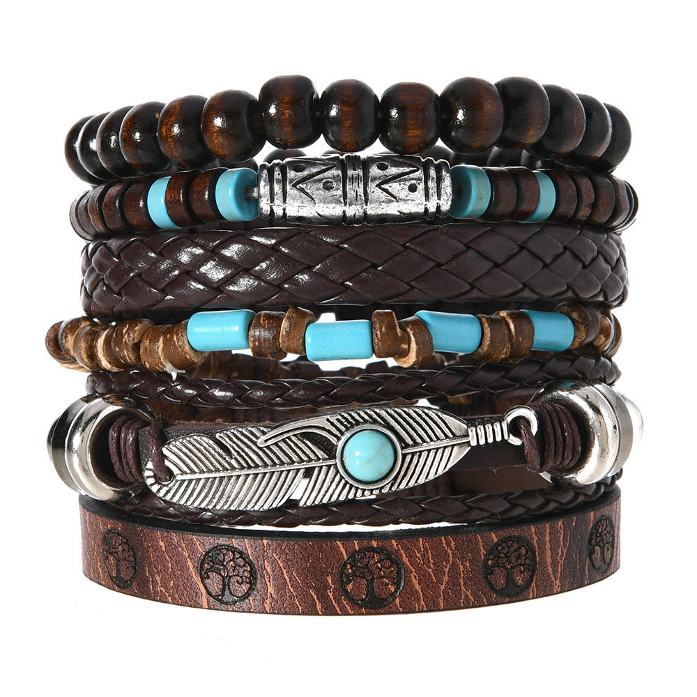Wood Beads Beaded Multi-layer Vintage Flower Peacock Feather Heart-shaped Hand-woven 24-piece Bracelet