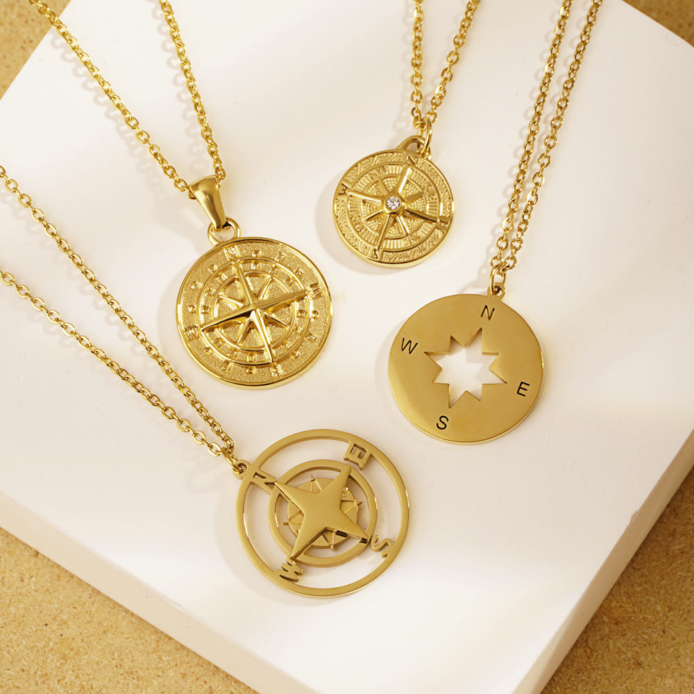 Personality Retro Compass Necklace Women's Simple Stainless Steel Compass Small Round Brand Pendant Collarbone Chain Jewelry
