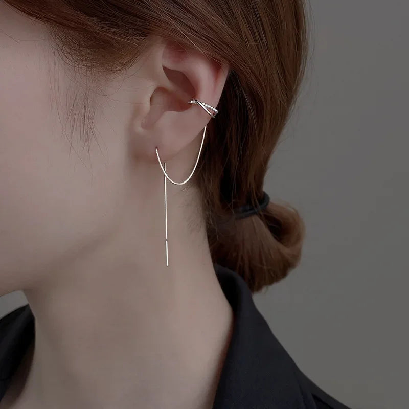 Sterling Silver Tassel Ear Clip Ear Wire One-piece Earrings Women's 2023 New Fashionable High-end Niche Design Ear Clip