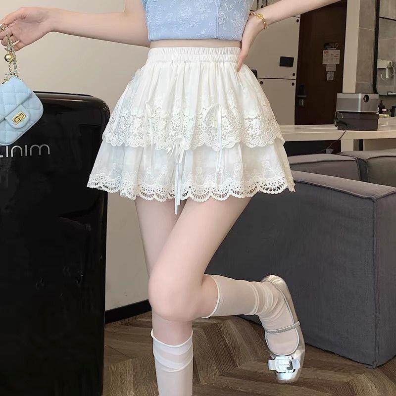Ballet Style White Cake Skirt for Women Summer High Waist Slim French Lace A-line Puffy Skirt