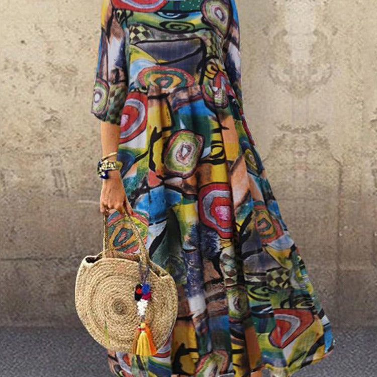 Cutton and Linen New Women's Long Retro Bohemian Pleated Sleeve Belted Waist Printed Dress