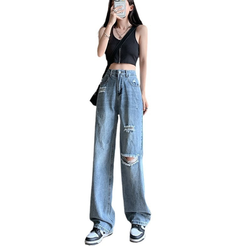 Slim-fit Ripped Jeans Women's High Waist Loose Summer Vintage Old-fashioned Small Dipped Wide Leg Dumped Trousers