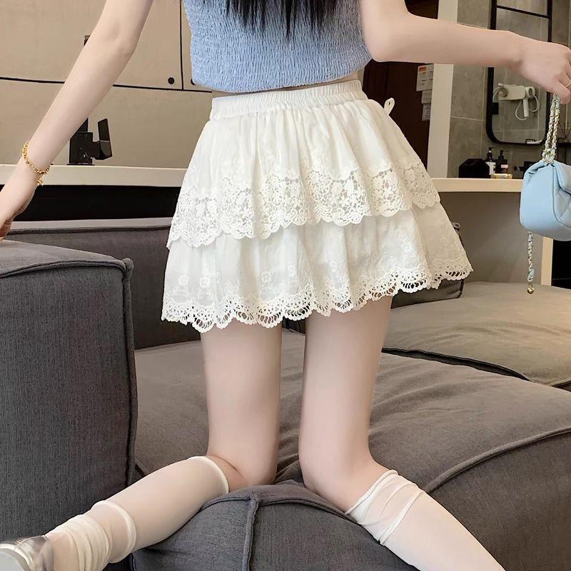 Ballet Style White Cake Skirt for Women Summer High Waist Slim French Lace A-line Puffy Skirt