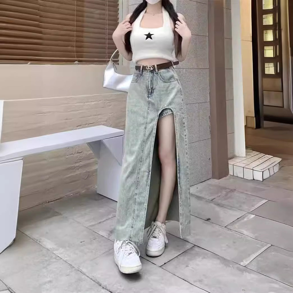Spice Girl Side Split High Waist Denim Skirt Women's 2024 Summer New Slim-fit Slimming A- line Hip Long Skirt