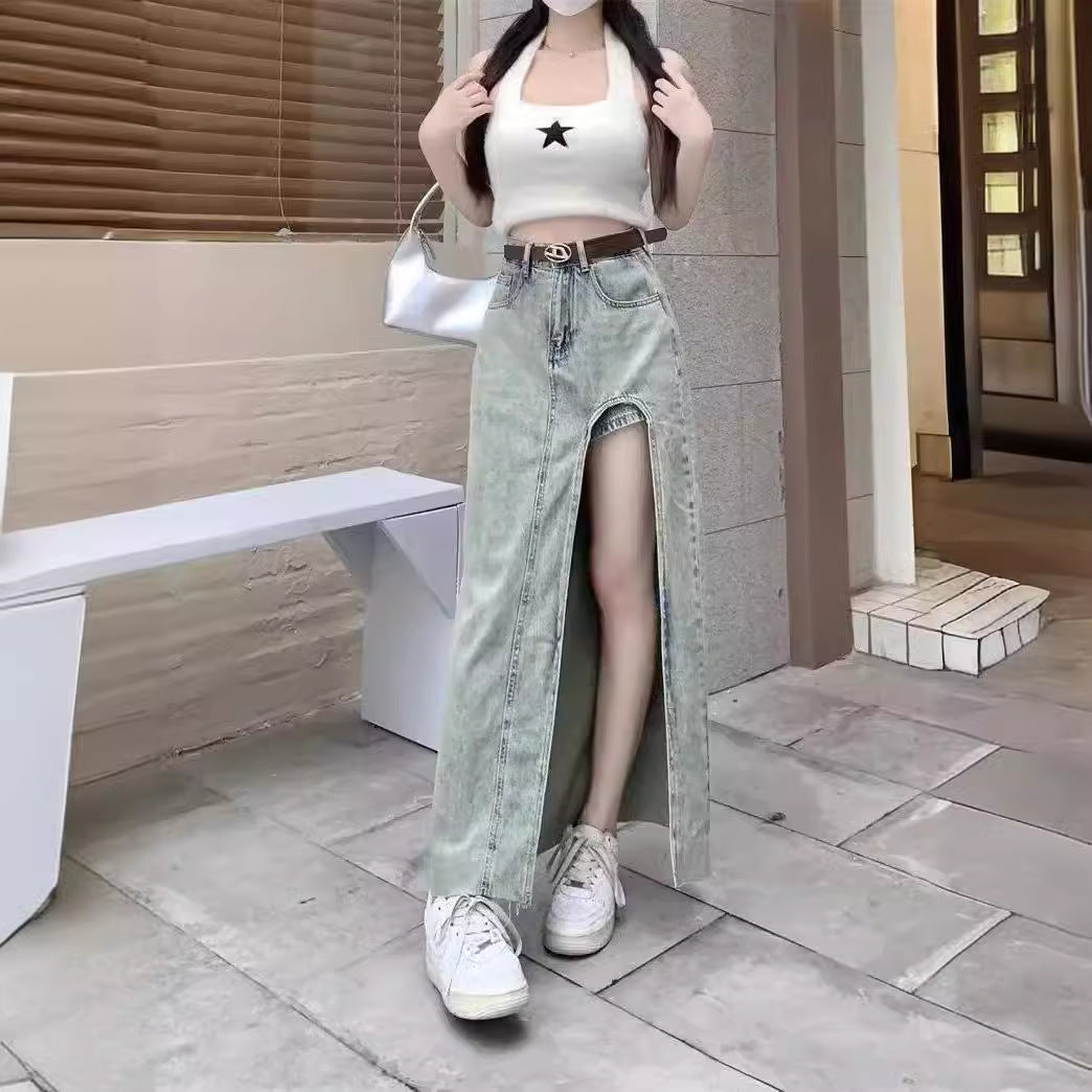 Spice Girl Side Split High Waist Denim Skirt Women's 2024 Summer New Slim-fit Slimming A- line Hip Long Skirt