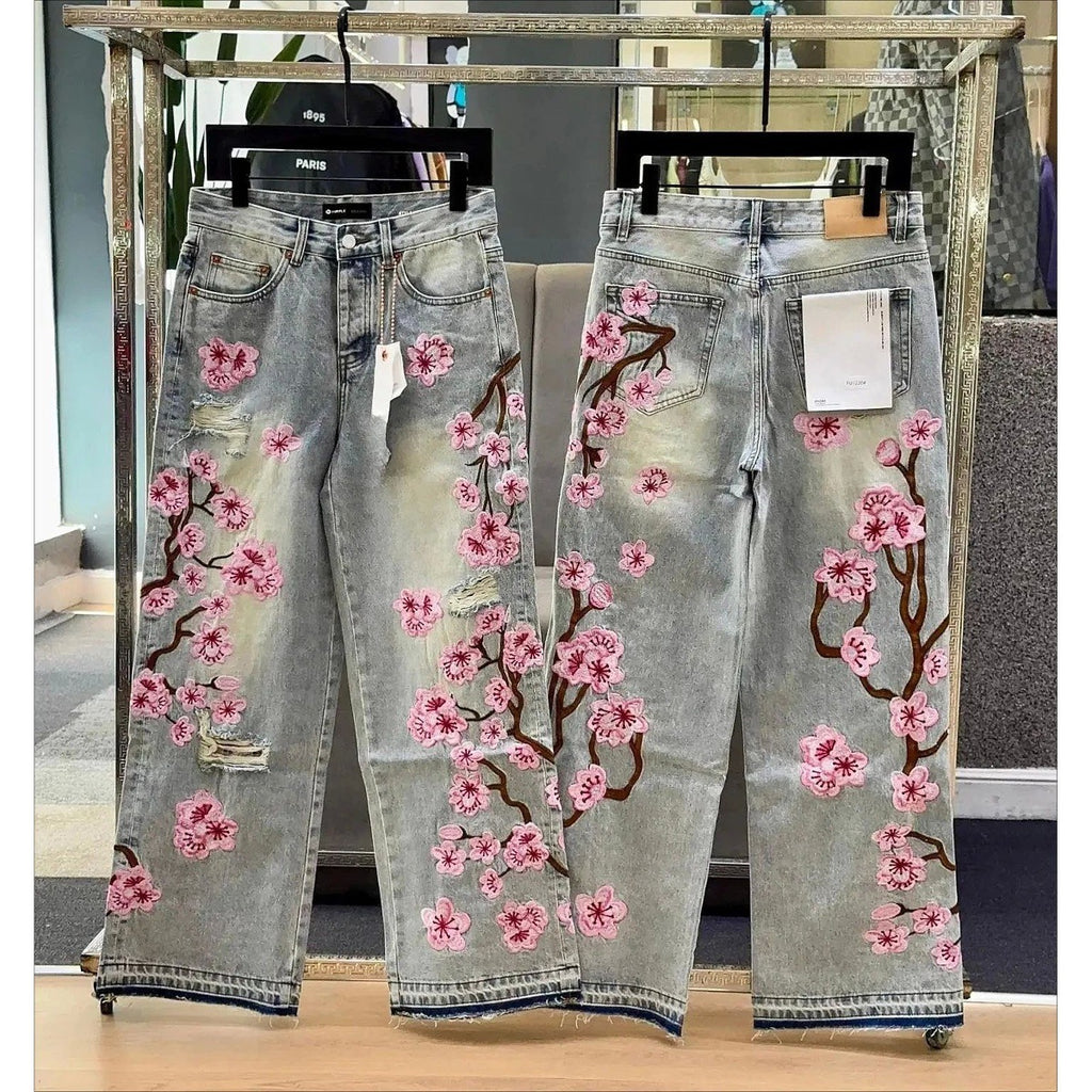 European And American Cross-Border Street Gothic Style Cherry Blossom Embroidered Jeans Y2K Men And Women Same Style Retro Fashion Straight