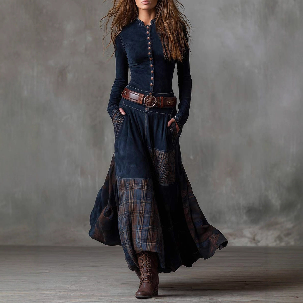 Suede Fabric Patchwork Retro Temperament Dress With Pockets, Buttons And Belt