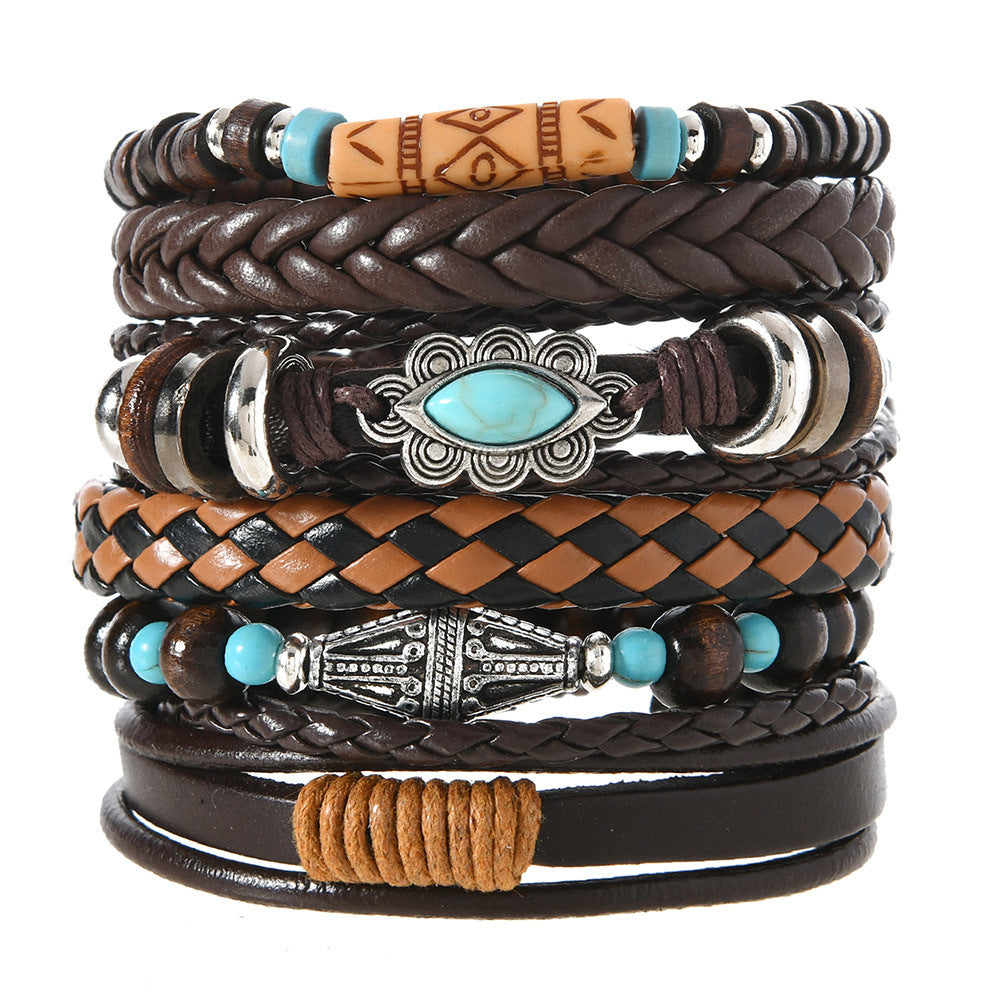 Wood Beads Beaded Multi-layer Vintage Flower Peacock Feather Heart-shaped Hand-woven 24-piece Bracelet