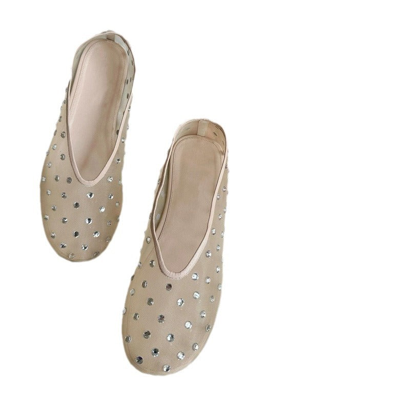 Fairy Style Mesh Rhinestone Shallow Mouth Flats Shoes 2025 Summer New Niche High-End Mary Jane Women's Shoes