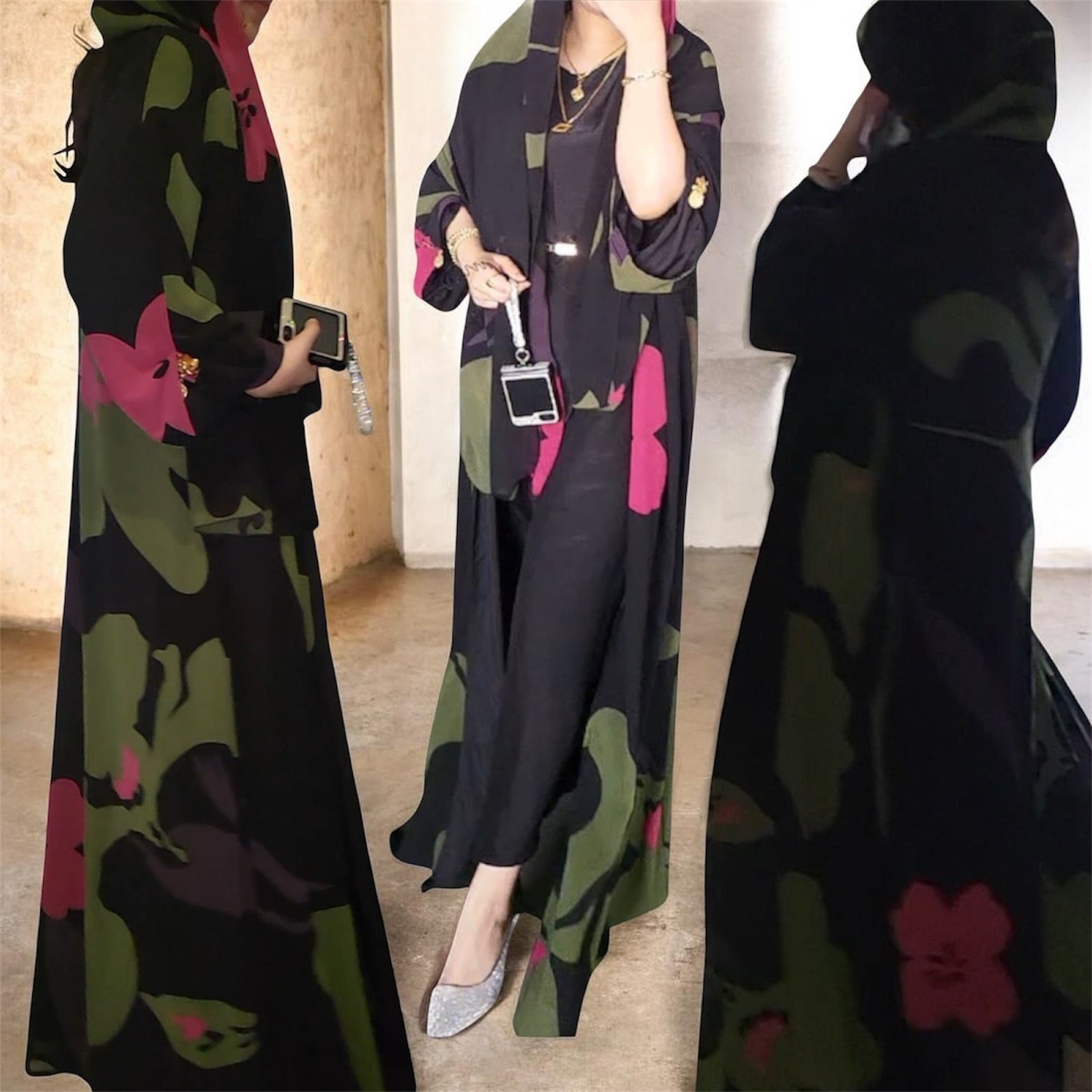 Botanical Muse Open-Front Chiffon Abaya Ensemble