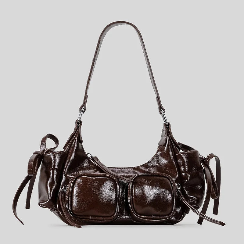 Vintage Underarm Bag For Girl Versatile Handbag Multi-pocket Motorcycle Bag Luxury Designer Handbag Spaghetti Strap Leather Bag