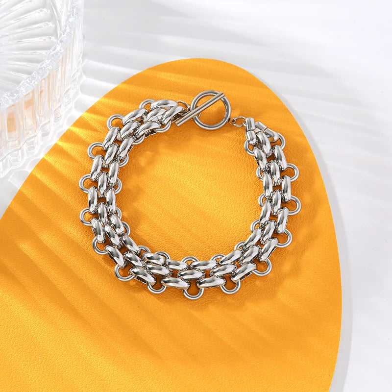 EILIECK 316L Stainless Steel Silver Color Cuban Chain Statement Necklace Bracelet Set Charm Fashion Women Waterproof Jewelry Set (Copy)