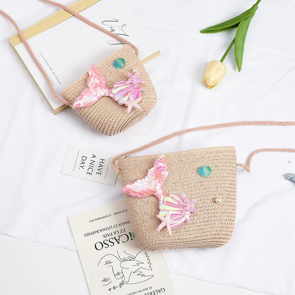 Cartoon Ocean Summer Children's Shoulder Bag Beach Straw Baby Kids Small Crossbody Bags Girls Princess Change Purse Handbags