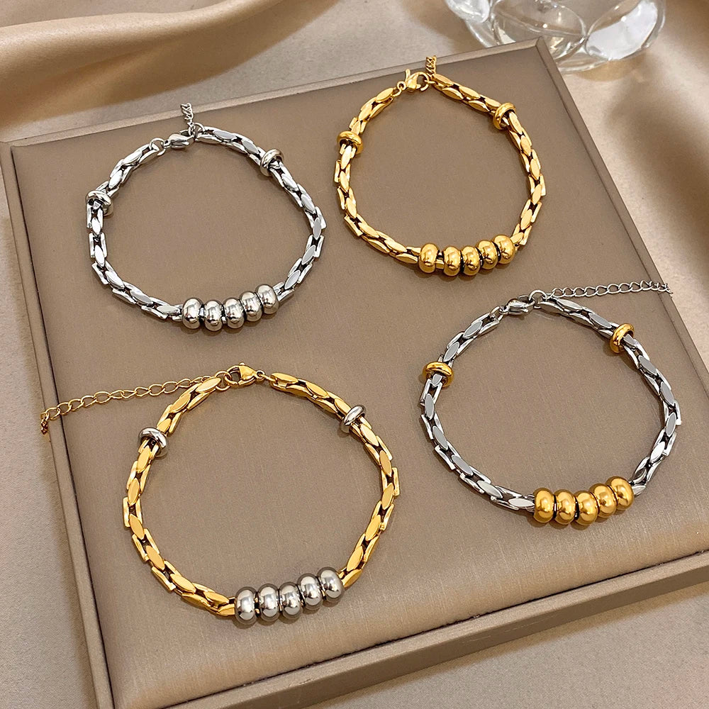 Greatera Light Luxury Twisted Steel Ball Gold Chain Bracelet Charm Two Tone Waterproof Unique Artistic Popular Men Women Bangle