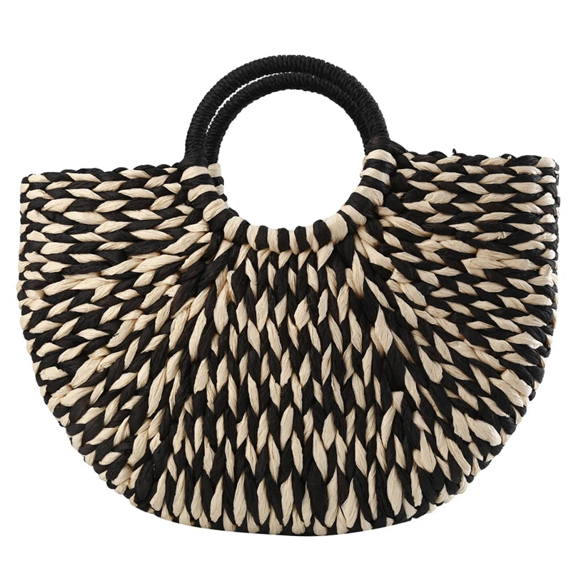 Simple All-Match Handbag Ladies 2024 New Handbags Women Round Bucket Straw Bag Korean Handmade Woven Basket Rattan Handbag