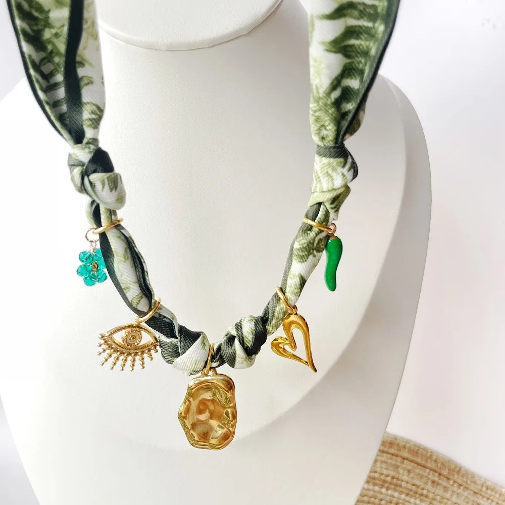Trendy Boho Bandana Scarf Necklace for Women – Fashion Fruit Flower Sun Heart Charm Pendant Neck Wrap Jewelry