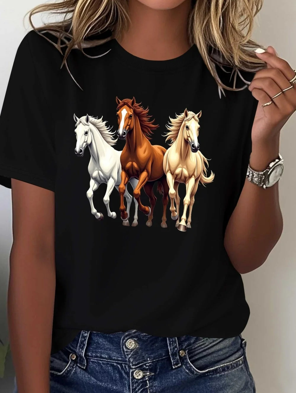 2026 New Women's Casual Short-Sleeve T-Shirt Vintage Horse Print Graphic Tee Summer Fashion High Quality Sports Women's Clothing (Copy)