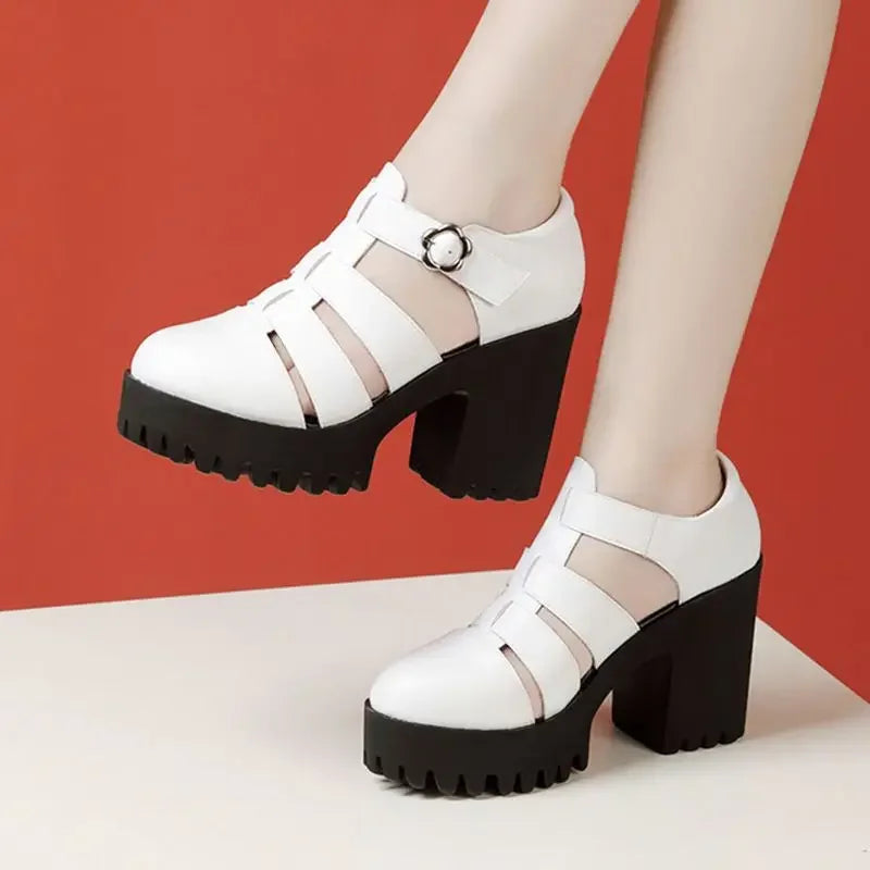 8cm 10cm Samll Size 32-43 Genuine Leather Shoes Chunky Platform Sandals 2025 Block High Heels Sandals Black Office Model Mom