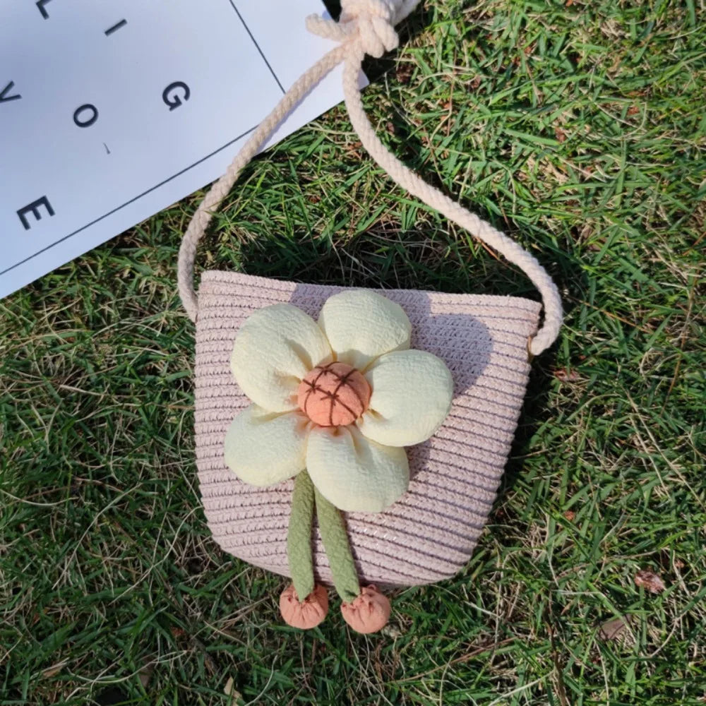 Mini Handmade Straw Crossbody Bags Summer Shoulder Messenger Handbag Baby Lovely Flower Kids Keys Coin Purse Bags for Children