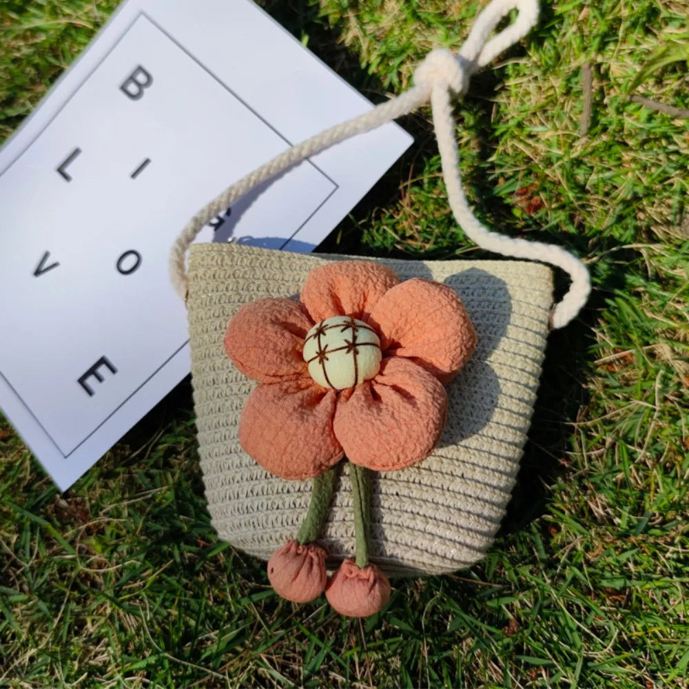 Mini Handmade Straw Crossbody Bags Summer Shoulder Messenger Handbag Baby Lovely Flower Kids Keys Coin Purse Bags for Children