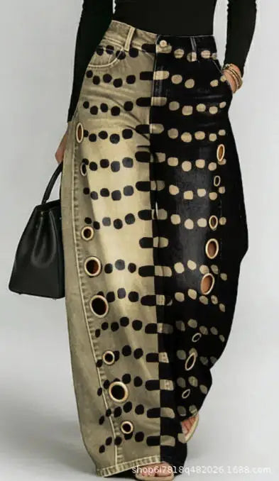 Printed Wide-Leg Pants with Circular Patterns High-Waisted Flowy Denim Trousers Rumanglobalcraft