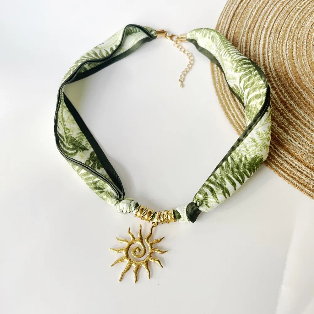 Trendy Boho Bandana Scarf Necklace for Women – Fashion Fruit Flower Sun Heart Charm Pendant Neck Wrap Jewelry