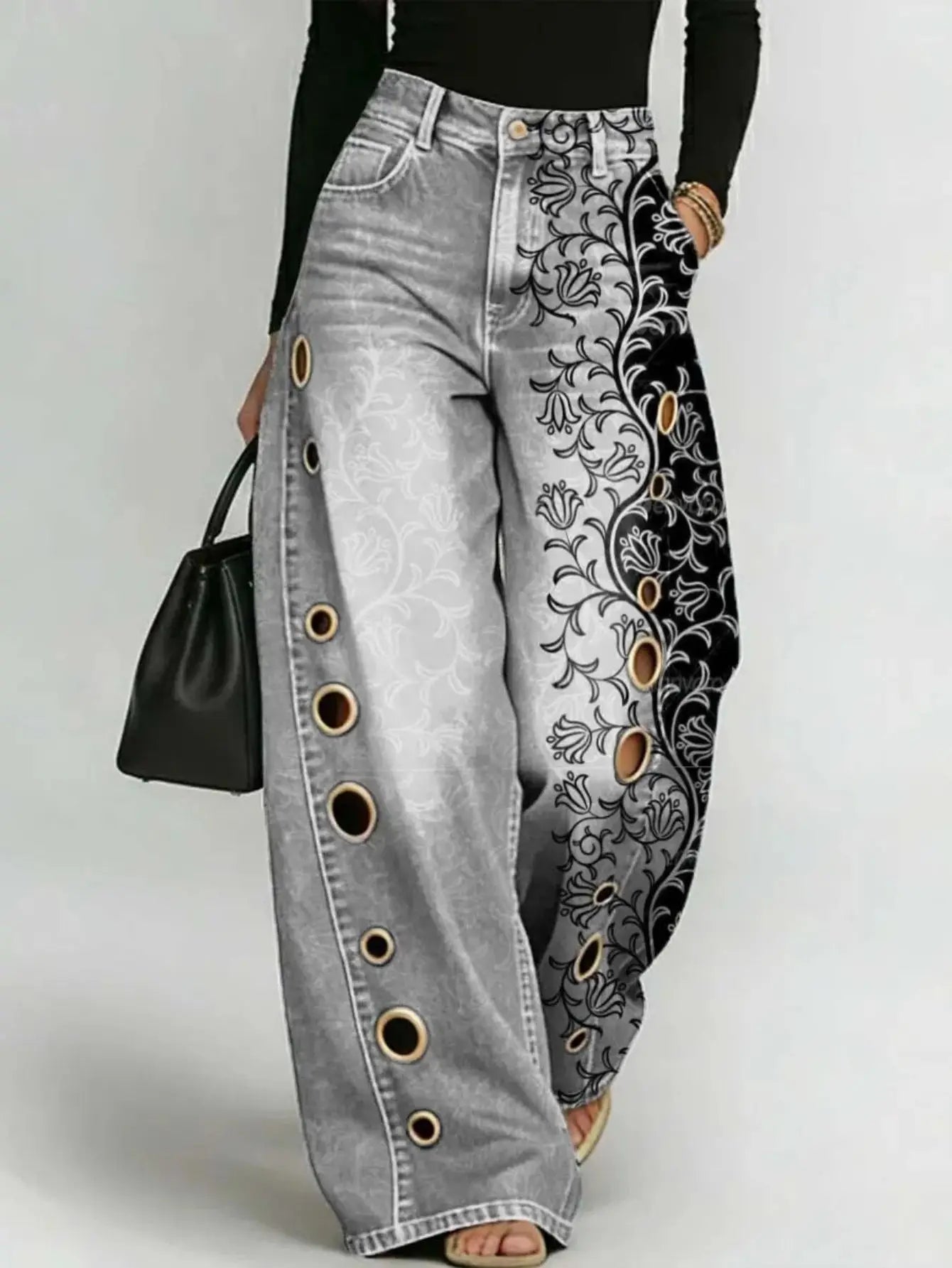 Printed Wide-Leg Pants with Circular Patterns High-Waisted Flowy Denim Trousers Rumanglobalcraft