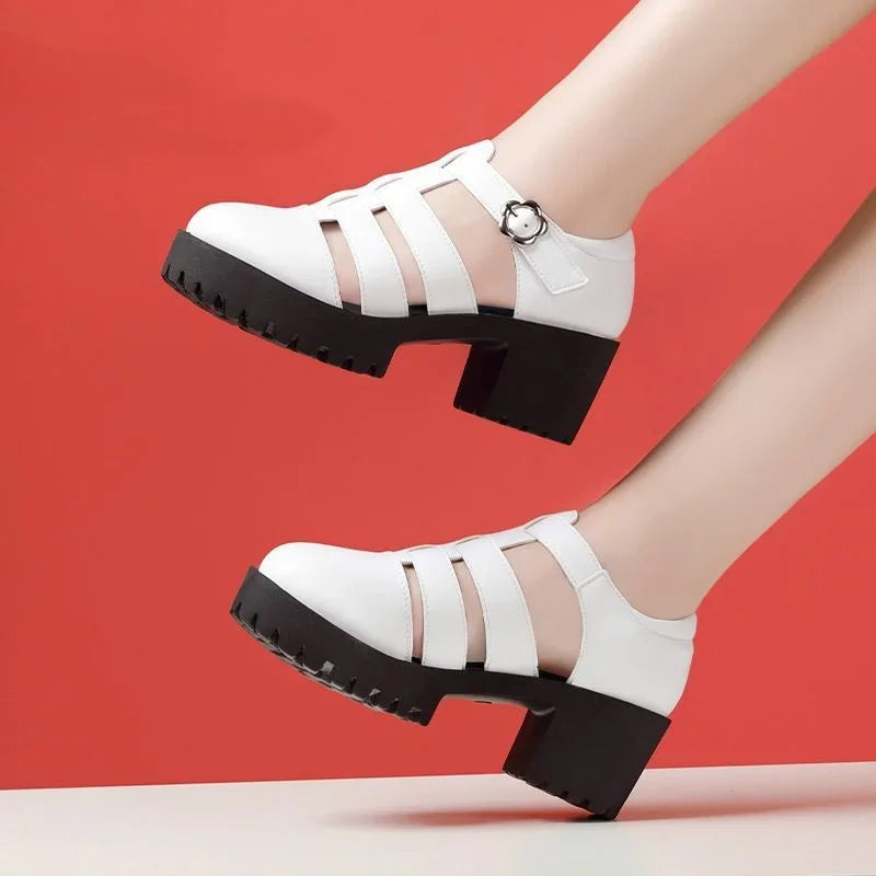 8cm 10cm Samll Size 32-43 Genuine Leather Shoes Chunky Platform Sandals 2025 Block High Heels Sandals Black Office Model Mom