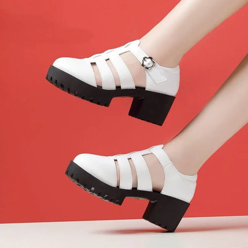 8cm 10cm Samll Size 32-43 Genuine Leather Shoes Chunky Platform Sandals 2025 Block High Heels Sandals Black Office Model Mom
