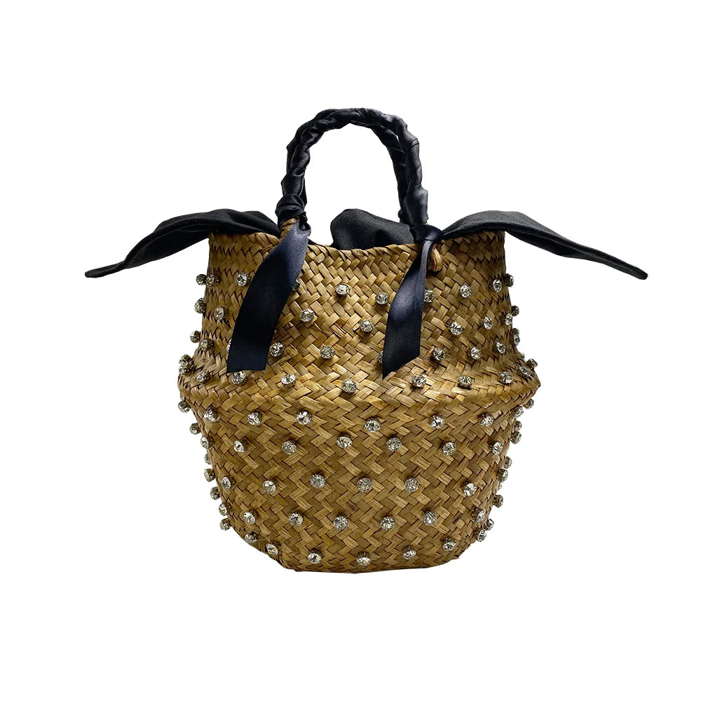 Handmade Sewing Holiday Fashion Crystal Woven Basket Diamond Tote Luxury Beach Resort Retro Handbag Bag Women Design Straw 2023