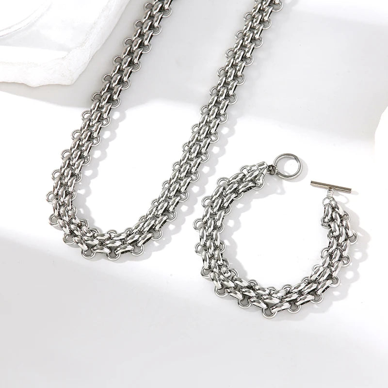 EILIECK 316L Stainless Steel Silver Color Cuban Chain Statement Necklace Bracelet Set Charm Fashion Women Waterproof Jewelry Set (Copy)