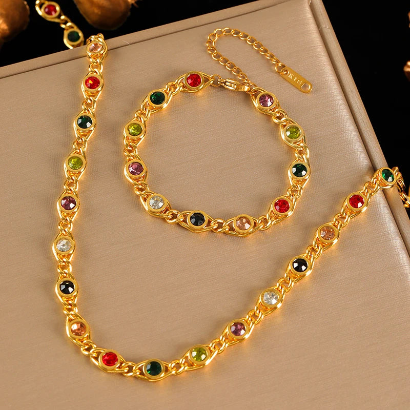 EILIECK 316L Stainless Steel Metal Colored Zircon Chain Necklace Bracelet Set For Women Fashion Statement Waterproof Jewelry (Copy)