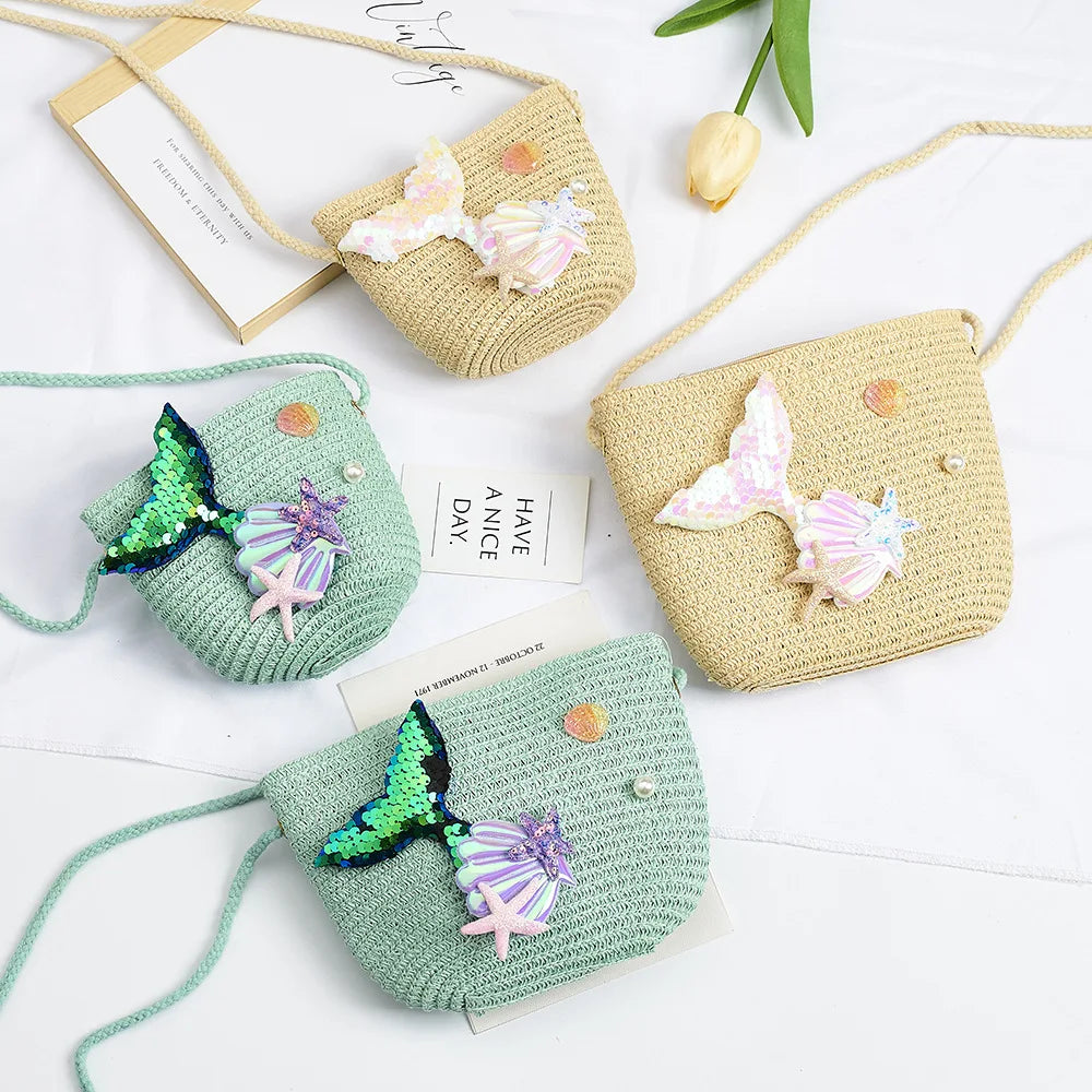 Cartoon Ocean Summer Children's Shoulder Bag Beach Straw Baby Kids Small Crossbody Bags Girls Princess Change Purse Handbags