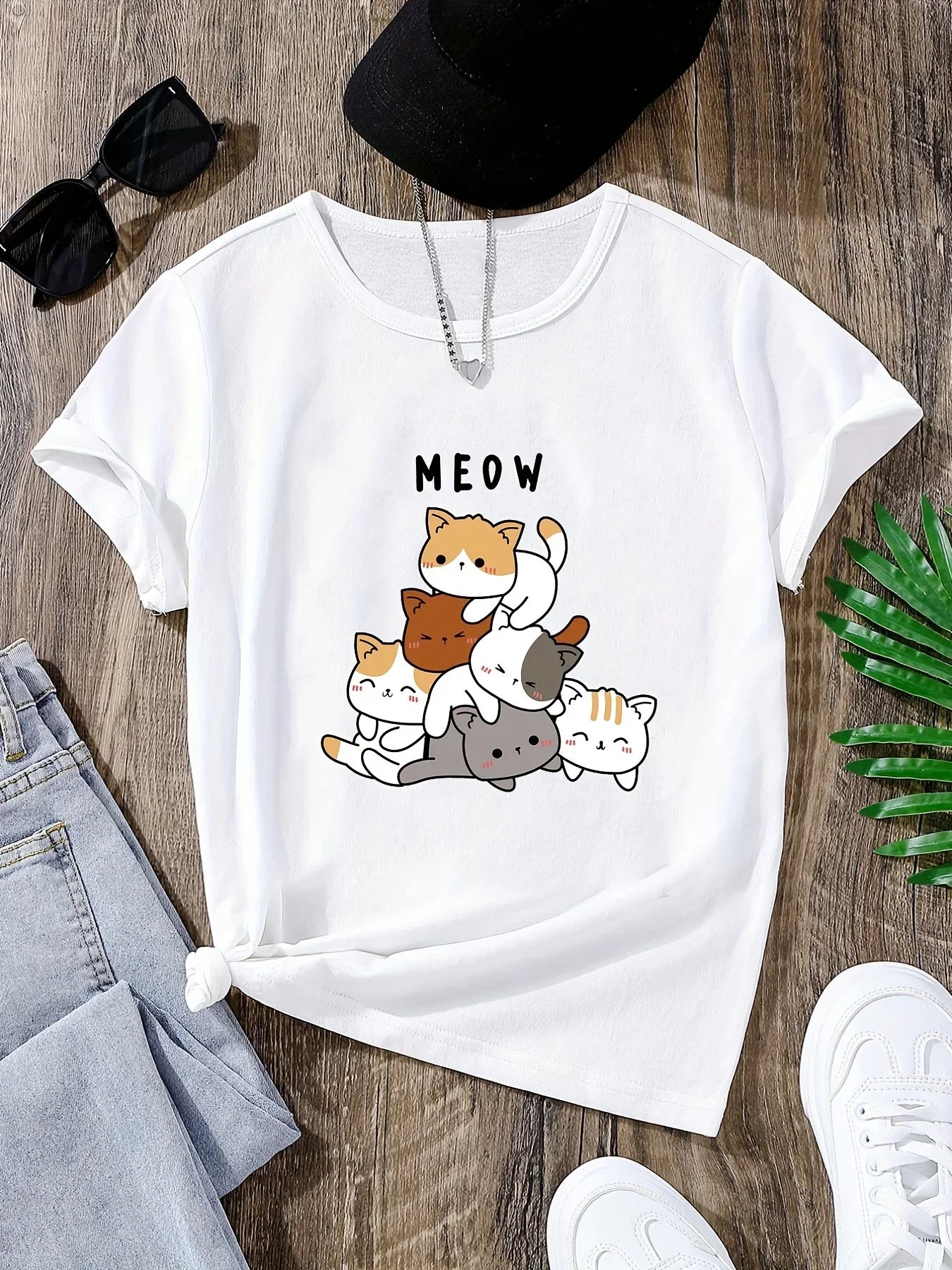 Cartoon Cats Print T-shirt Cute Crew Neck Short Sleeve Summer T-shirt Women's Clothing Vintage Personality Graphic T Shirts Y2K . Rumanglobalcraft