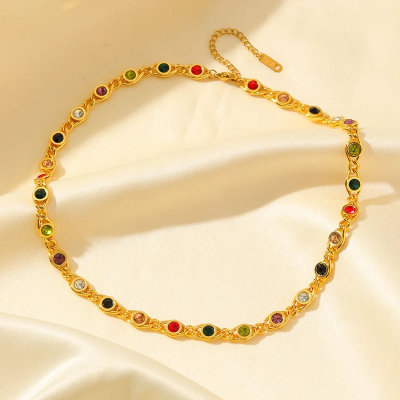 EILIECK 316L Stainless Steel Metal Colored Zircon Chain Necklace Bracelet Set For Women Fashion Statement Waterproof Jewelry (Copy)