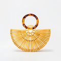 Vintage Half Round Bamboo Beach Handbags Women 2023 Summer Hollow Out Round Acrylic Handle Woven Straw Bags High Quality Holiday