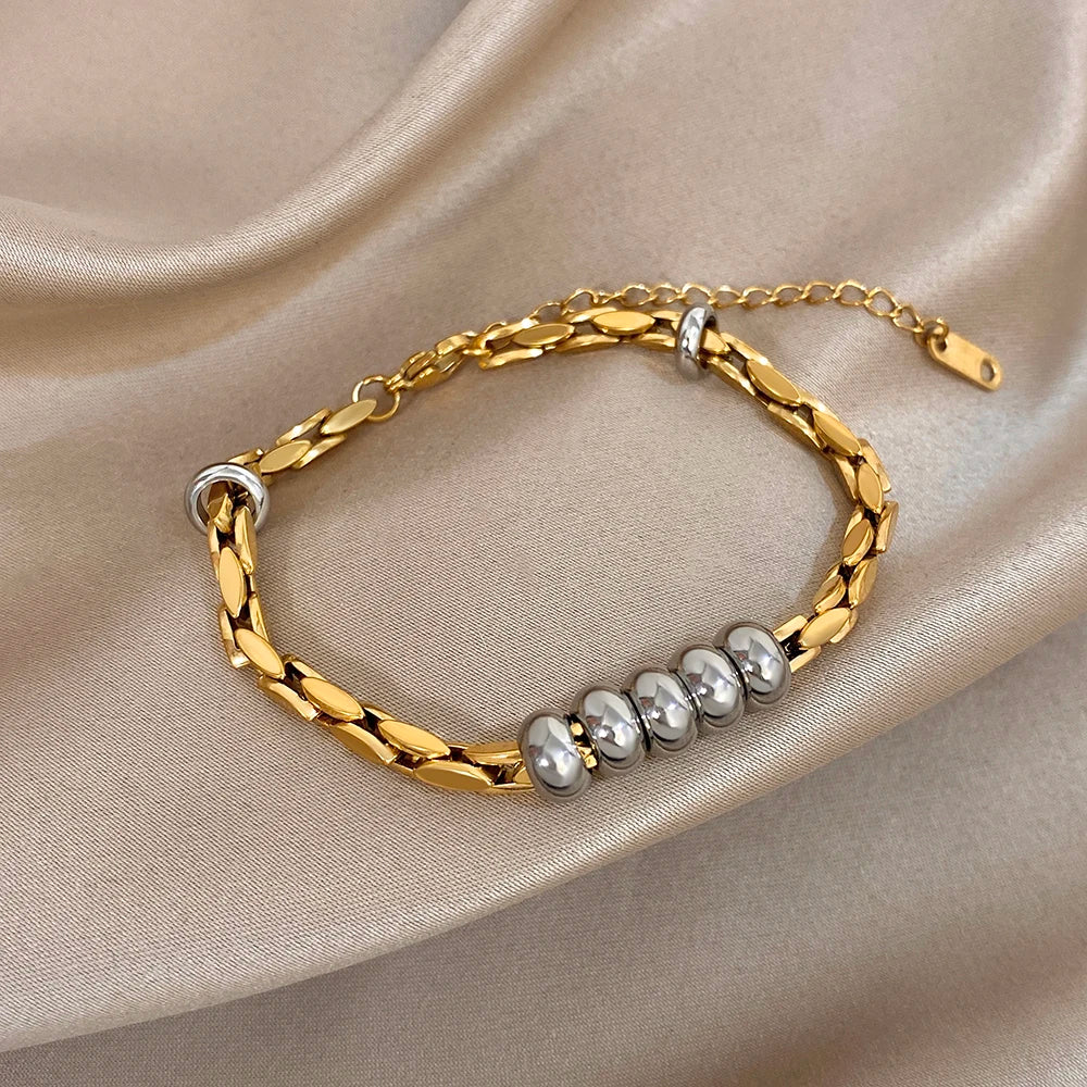 Greatera Light Luxury Twisted Steel Ball Gold Chain Bracelet Charm Two Tone Waterproof Unique Artistic Popular Men Women Bangle