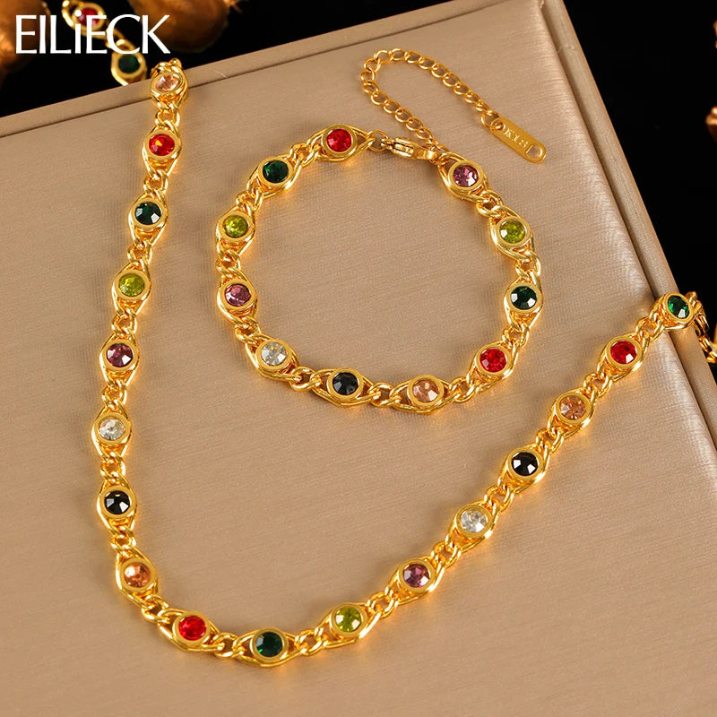 EILIECK 316L Stainless Steel Metal Colored Zircon Chain Necklace Bracelet Set For Women Fashion Statement Waterproof Jewelry (Copy)