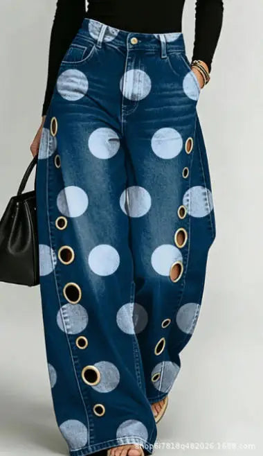 Printed Wide-Leg Pants with Circular Patterns High-Waisted Flowy Denim Trousers Rumanglobalcraft