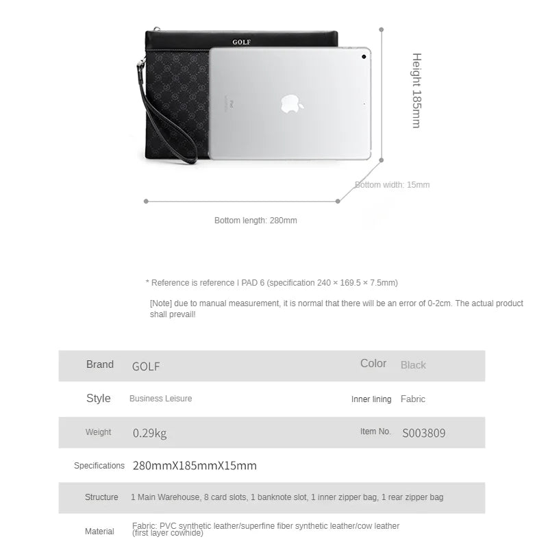 GOLF Men's Handbag Large Capacity Business Men's Bag Business Casual Soft Leather Portable Envelope Bag Mobile phone bag