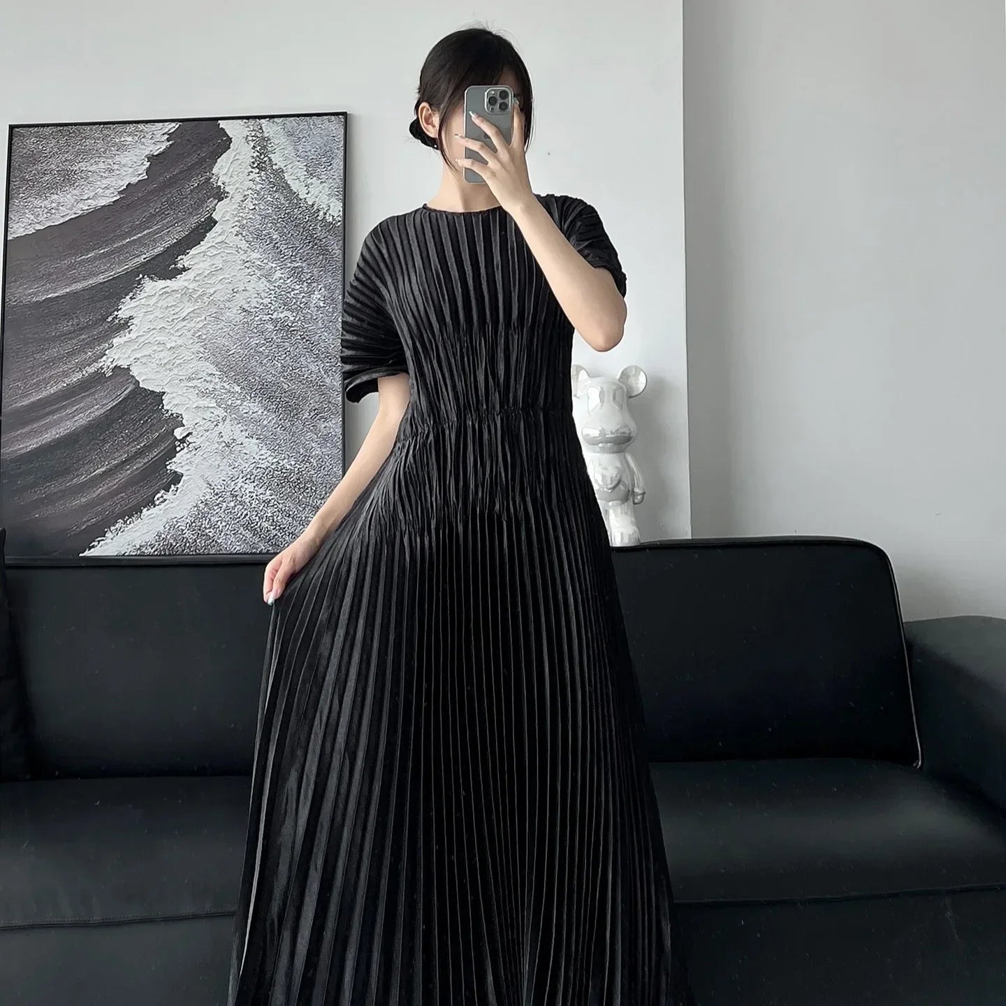 Miyake Pleated Butterfly Sleeves Solid Color Elegant Slim Dress Women's Print Long Dress Beautiful Long Dresses 2024 Summer New