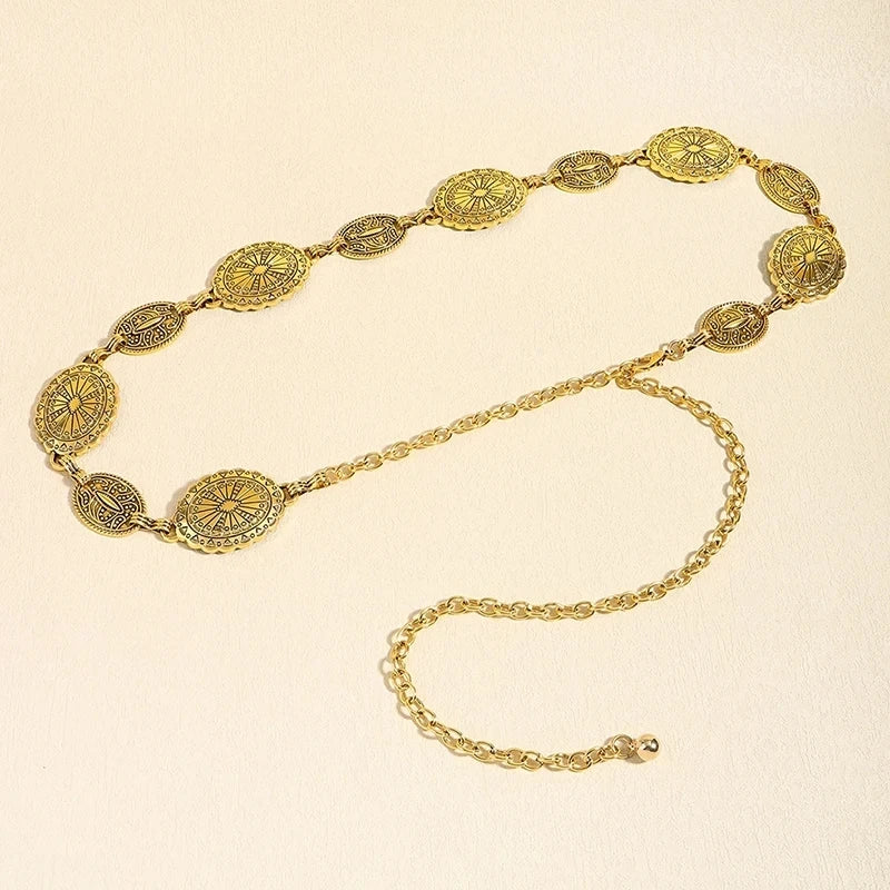 Retro style women's metal waist chain accessories Decorative circle carved chain belt high style accessories