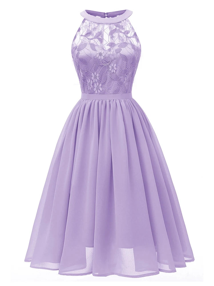 Sweet Lilac Lace Chiffon Pleated Dress Elegant High Waist Women Midi Dresses 2026 Summer Sleeveless Vintage Evening Party Dress