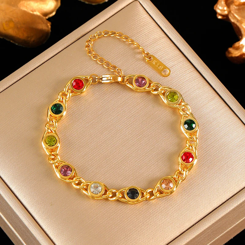 EILIECK 316L Stainless Steel Metal Colored Zircon Chain Necklace Bracelet Set For Women Fashion Statement Waterproof Jewelry (Copy)
